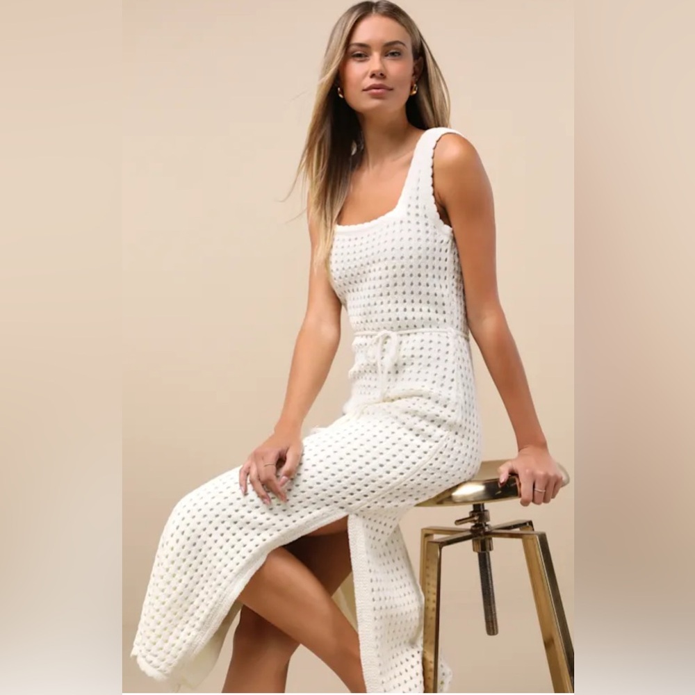 Lulus Sunshine Babe Ivory Knit Midi Sweater Dress Sz M